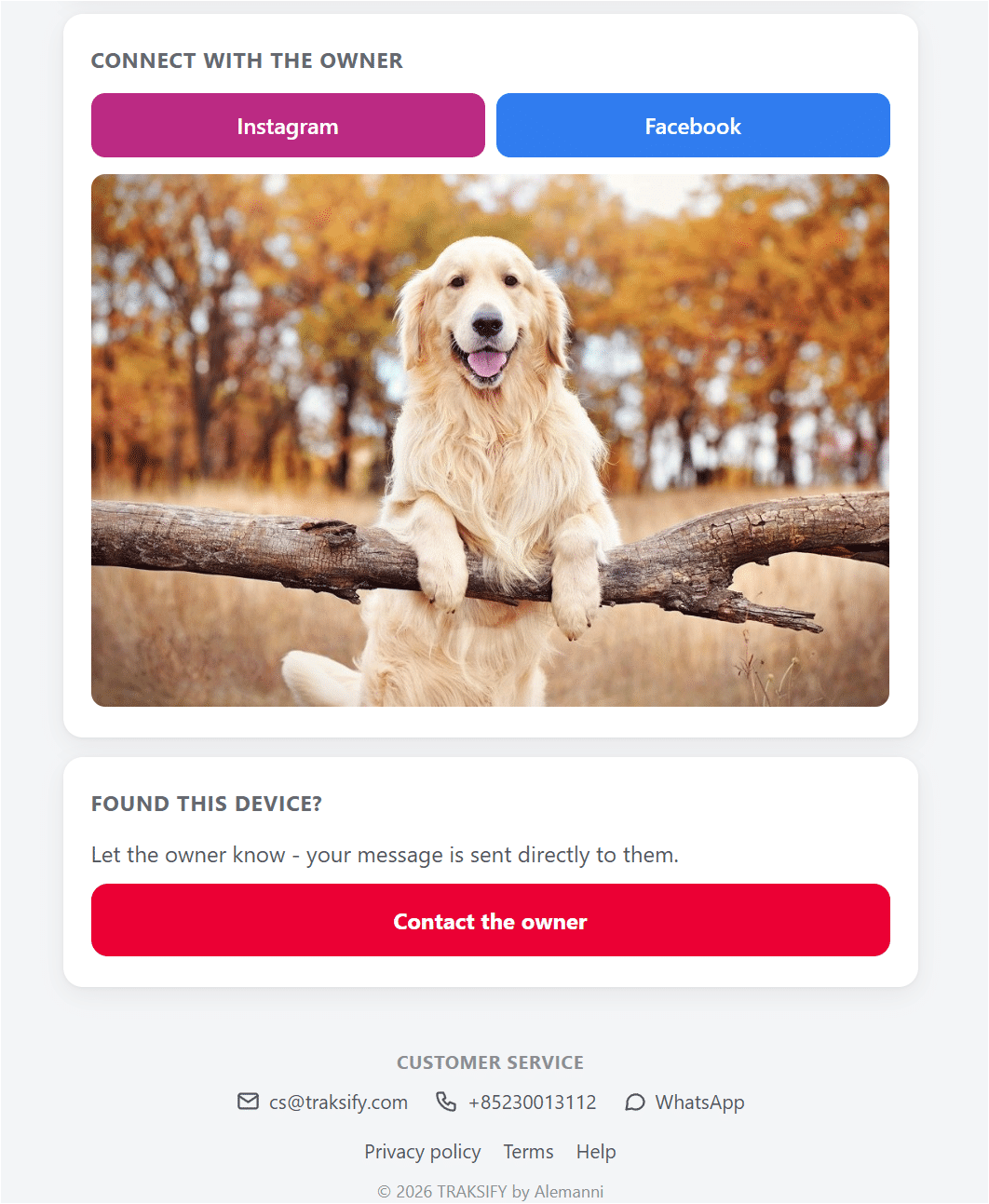 Example owner profile page a finder sees