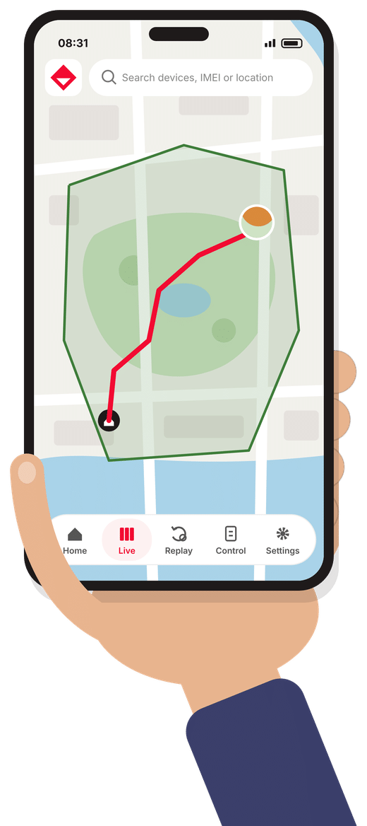 Illustration: a phone showing the dog's walk on the live map inside a Safe Zone