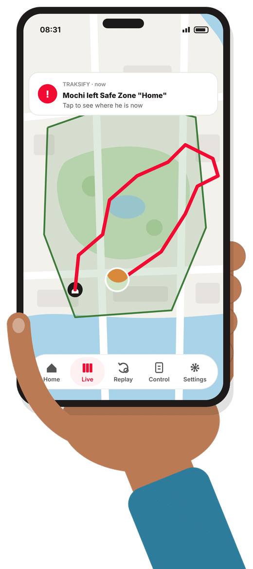 Illustration: a phone showing the alert Mochi left Safe Zone Home