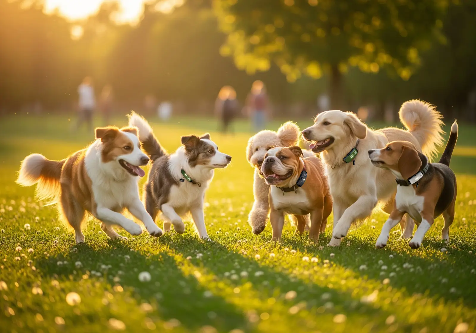 A group of dogs playing together in a sunny park, each wearing a TRAKSIFY PACK